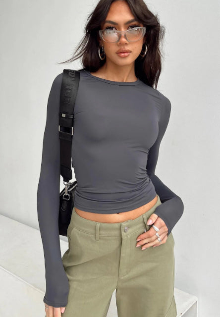 Women’s Fashion Slim-Fit Long-Sleeved Pullover | Elegant Solid Color Casual Fit Shirt | Modern Crew Neck Ribbed Base Layer | Trendy Body-Hugging Autumn Top | 2026 Minimalist Everyday Fashion Staple
