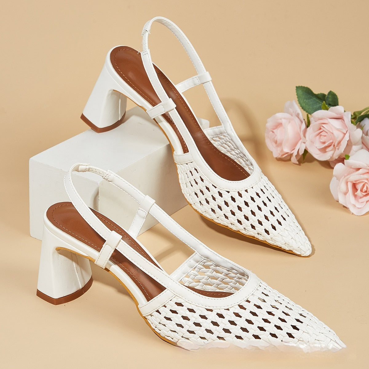 White Pointed-Toe Woven Mesh Sandals | Elegant Closed-Toe Summer Flats | Luxury Breathable Mesh Slingback Shoes | Trendy Minimalist White Pointed Sandals | 2026 High-Fashion Lightweight Summer Footwear