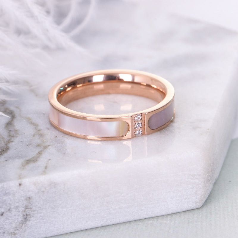 Luxury Three-Diamond Inlaid Shell Ring | Elegant 18K Gold Plated Band for Women | Minimalist Statement Shell Inlay Ring | Sophisticated Wedding & Anniversary Jewelry Gift
