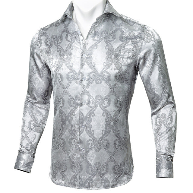 Barry Wang Men's Teal Paisley Floral Silk Shirt | Luxury Long Sleeve Jacquard Designer Dress Shirt | Elegant Floral Autumn Casual Shirt for Men