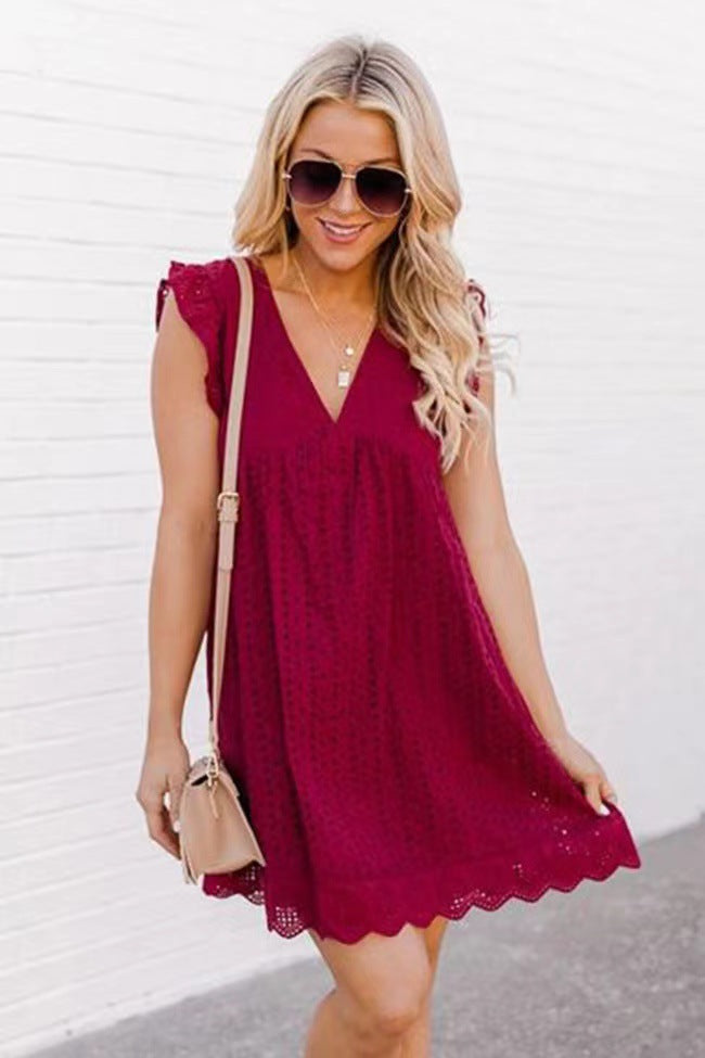Summer Lace Jacquard Beach Dress with Pockets | Sleeveless Cutout V-Neck Sun Dress | Women’s Boho White Lace Summer Gown | Elegant Vacation & Party Lace Dress