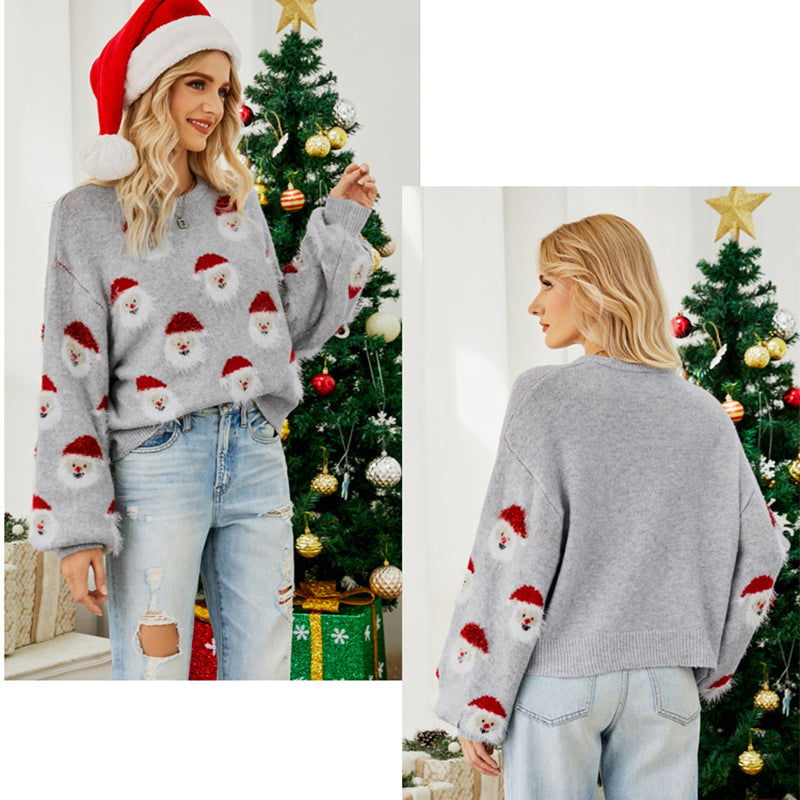 Women’s Cute Cartoon Santa Print Christmas Sweater | Kawaii Holiday Knitted Pullover | Winter Warm Graphic Knit Top | Festive Santa Claus Aesthetic Jumper