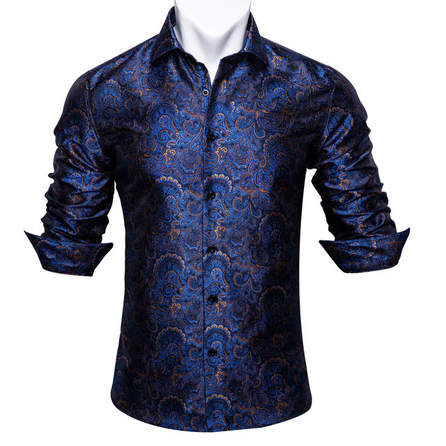 Barry Wang Men's Teal Paisley Floral Silk Shirt | Luxury Long Sleeve Jacquard Designer Dress Shirt | Elegant Floral Autumn Casual Shirt for Men