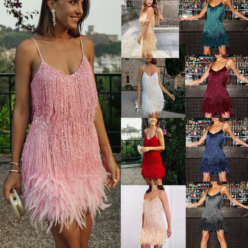 Tassel Sequins Feather Summer Mini Dress Women V Neck Spaghetti Strap Stitching Dresses Female Elegant Evening Party Club Dress