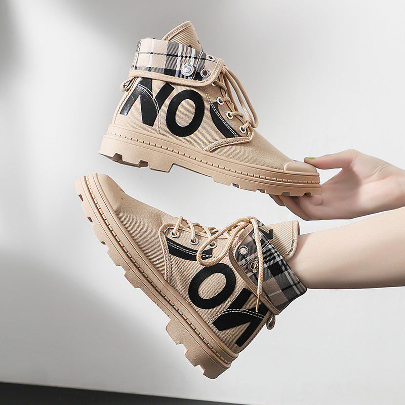 Women’s All-Match High-Top Canvas Boots | Trendy Girls' Short Canvas Sneakers | Modern Urban High-Top Lace-Up Shoes | Breathable Casual Canvas Short Boots for Women