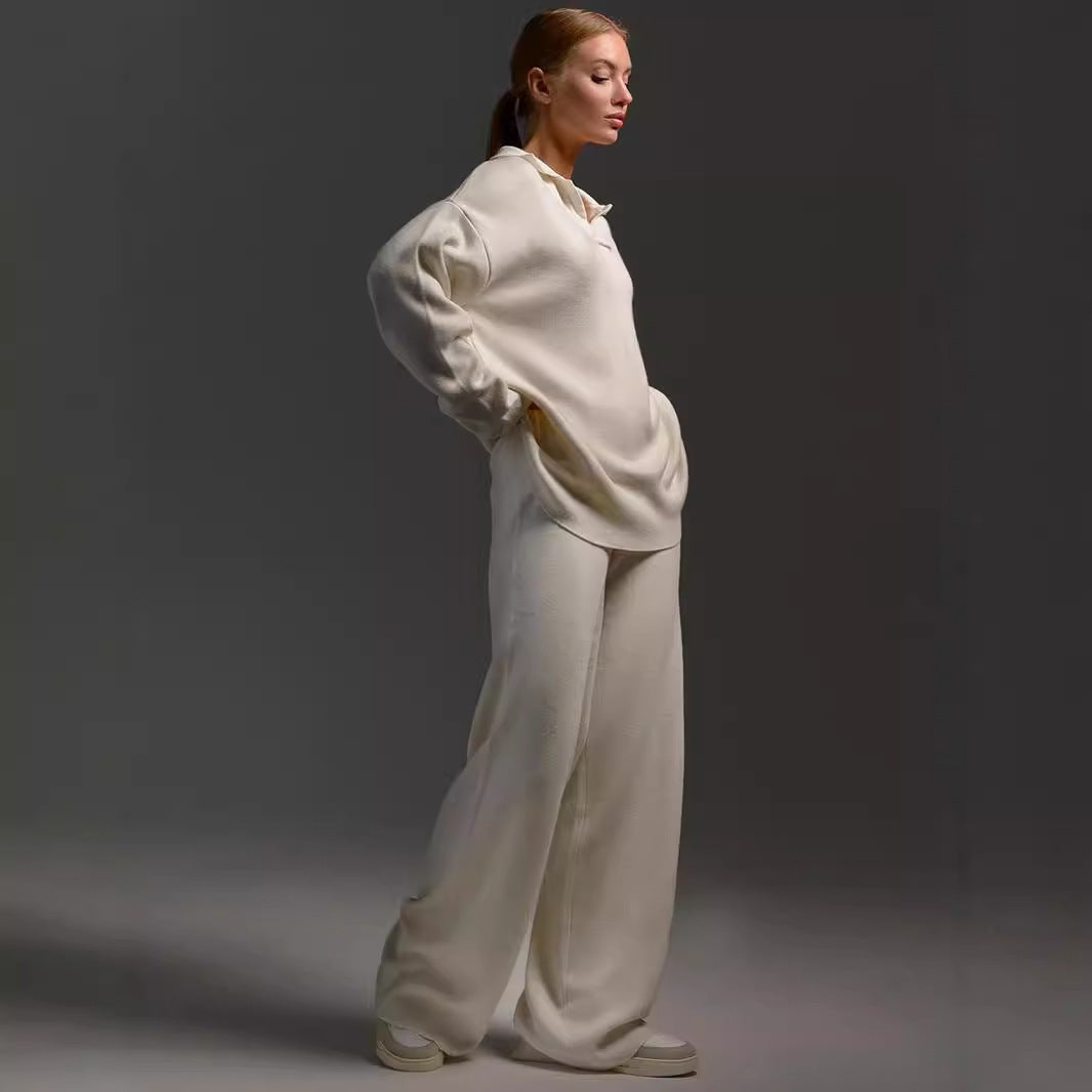 Women’s Collared Sweatshirt & Straight-Leg Pants Suit | Elegant 2-Piece Pullover Lounge Set | Casual Long-Sleeve Sport Trousers Set | Modern Minimalist Co-ord Set for Women | 2026 Trendy Streetwear Tracksuit