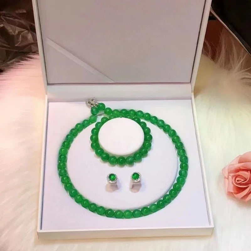 Emperor Green Chalcedony Jewelry Set | Luxury Ball Bead Bracelet, Necklace & Eardrops Suit | Premium High-Sense Gemstone Jewelry for Women | Elegant Heritage Style Accessories Set