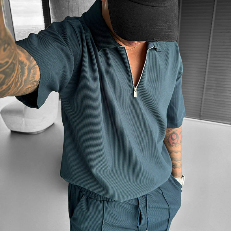 Men’s Summer Zipper Polo & Shorts Set | Casual 2-Piece Short Sleeve Outfit | Trendy Zipper Neck Polo with Drawstring Shorts | High-Sense Athleisure Men’s Set | 2026 High-Fashion Urban Summer Suit