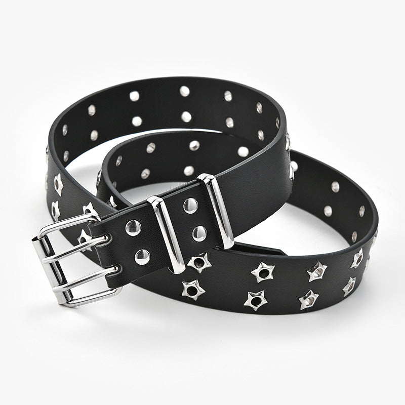 Women’s Fashion Stars Decorative Double-Row Belt | Trendy Y2K Celestial Studded Belt | Modern Grunge Style Star Buckle Waistband | Edgy Double-Grommet Decorative Belt | 2026 Streetwear Fashion Accessory