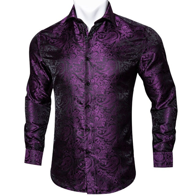 Barry Wang Men's Teal Paisley Floral Silk Shirt | Luxury Long Sleeve Jacquard Designer Dress Shirt | Elegant Floral Autumn Casual Shirt for Men