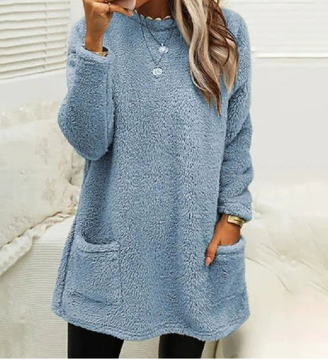 Women’s Plush Fleece Pullover Long Sweater | Winter Warm Thickened Hooded Sweatershirt | Casual Long Sleeve Plush Tops with Pockets | Trendy Loose Fit Hoodie Coat | 2026 Winter Streetwear Outerwear