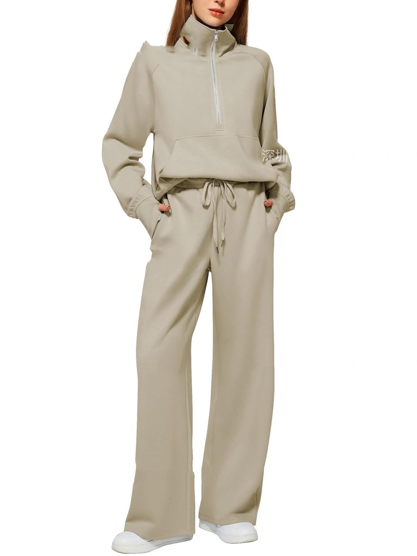 Women’s Half-Zip Sweatshirt & Wide-Leg Pants Set | Casual Solid Color Two-Piece Outfit | Elegant Long Sleeve Sporty Lounge Suit | Trendy High-Waist Wide-Leg Tracksuit | 2026 High-Fashion Athleisure Co-ord Set