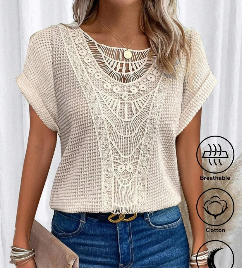 Women’s Summer Hollow-Out T-Shirt | Fashion Ethnic Style Short-Sleeved Top | Elegant Embroidered Lace Knit Blouse | Trendy Minimalist Breathable Summer Clothing | 2026 High-Fashion Artisan Ethnic Top