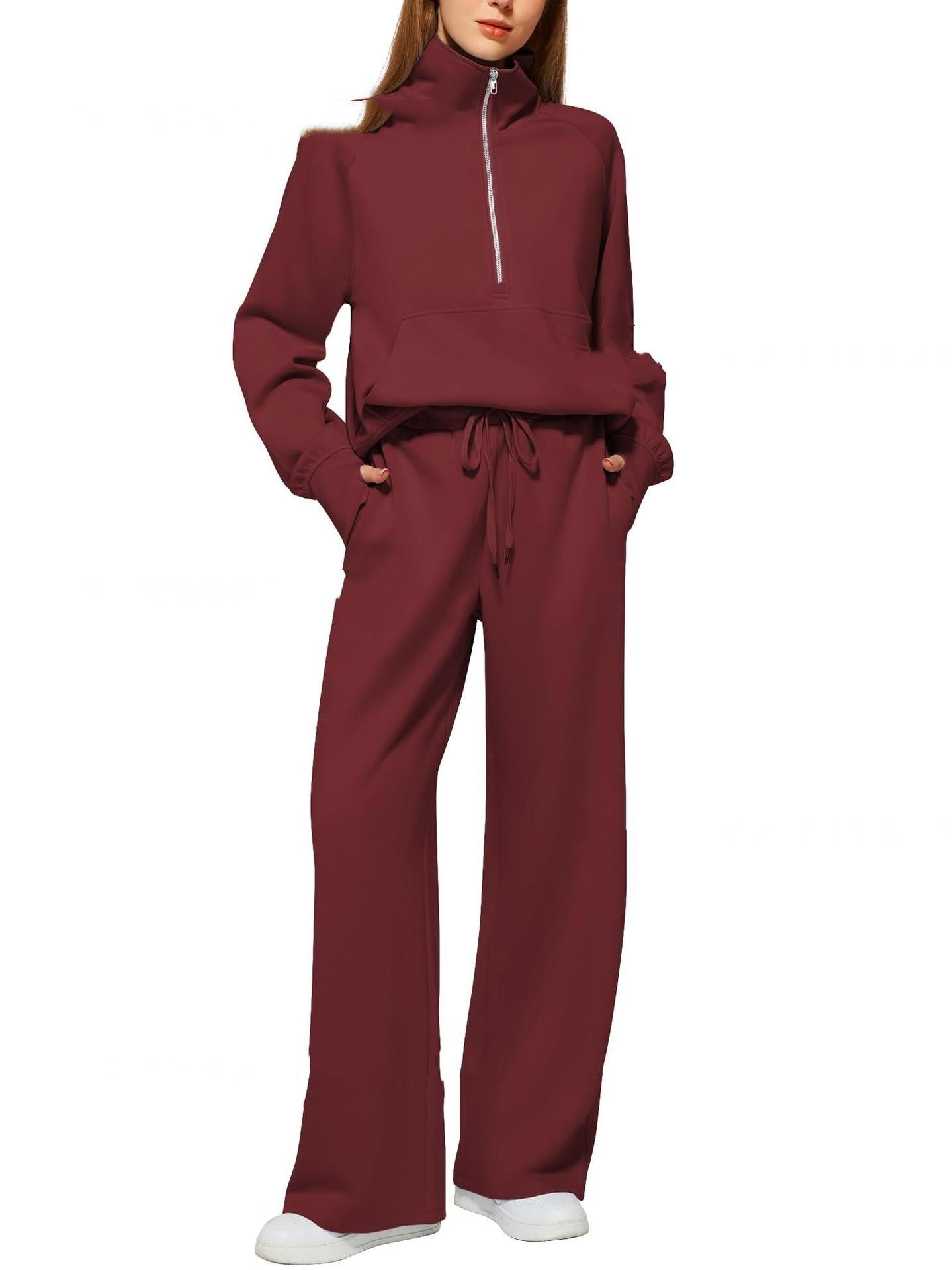 Women’s Half-Zip Sweatshirt & Wide-Leg Pants Set | Casual Solid Color Two-Piece Outfit | Elegant Long Sleeve Sporty Lounge Suit | Trendy High-Waist Wide-Leg Tracksuit | 2026 High-Fashion Athleisure Co-ord Set