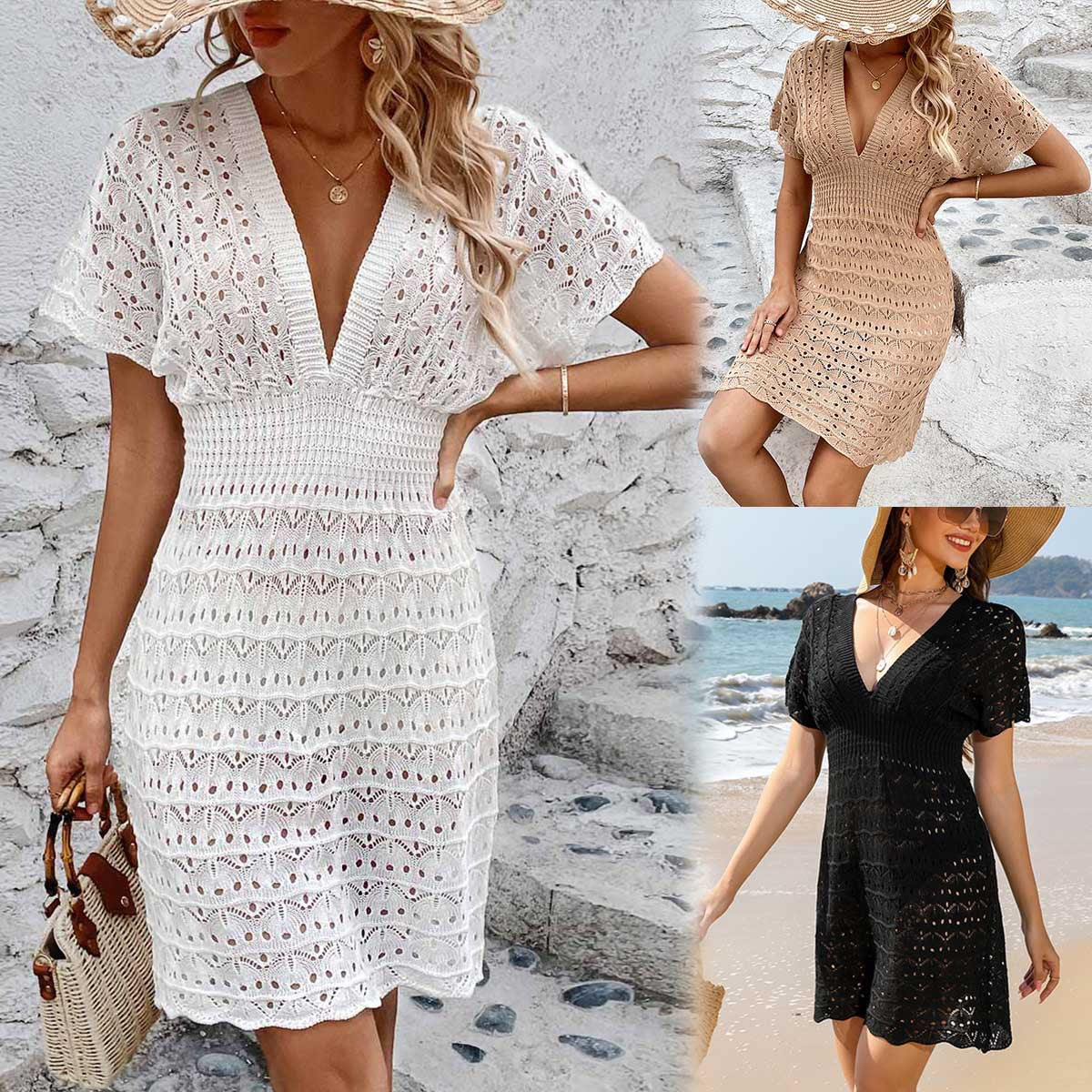 Women’s Deep V-Neck Wave Pattern Beach Dress | High-Sense Hollow-Out Summer Gown | Trendy Minimalist Geometric Resort Dress | Luxury-Label Statuesque Vacation Wear | 2026 High-Fashion Radiant Coastal Essential