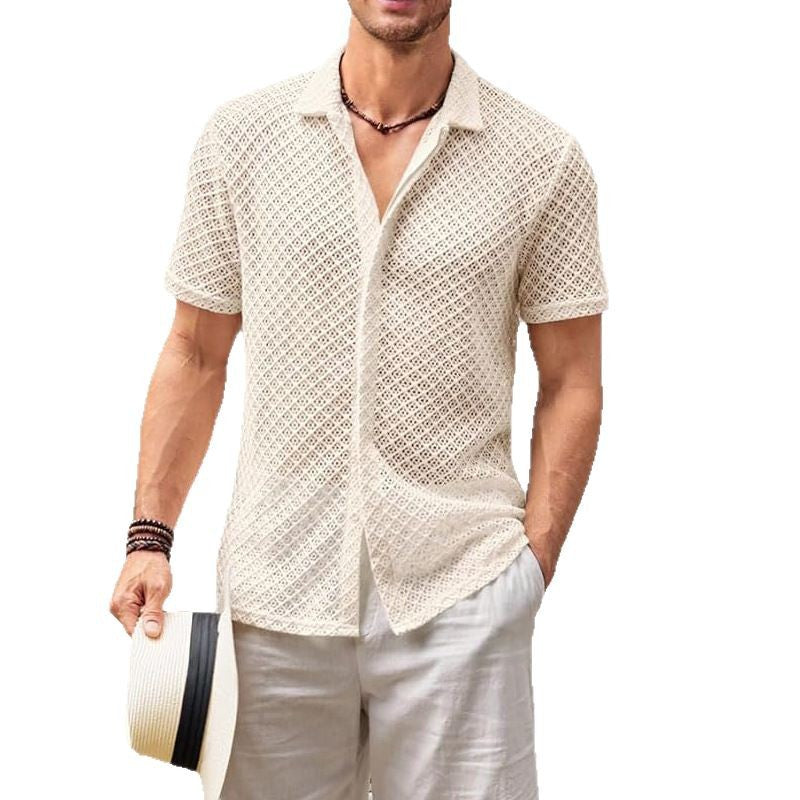 Men’s Summer Mesh Short-Sleeve Shirt | Fashion Solid Color Lapel Beach Shirt | High-Sense Breathable Mesh Knit Top | Trendy Minimalist See-Through Resort Wear | 2026 High-Fashion Lightweight Men’s Clothing