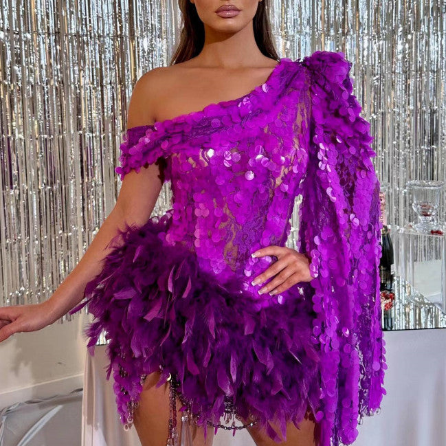 Purple Sequined Feather Skirt Dress | High-Sense One-Shoulder Luxury Party Dress | Trendy Minimalist Stage Performance Gown | Luxury-Label Asymmetrical Short Dress | 2026 High-Fashion Statuesque Sequin Outfit