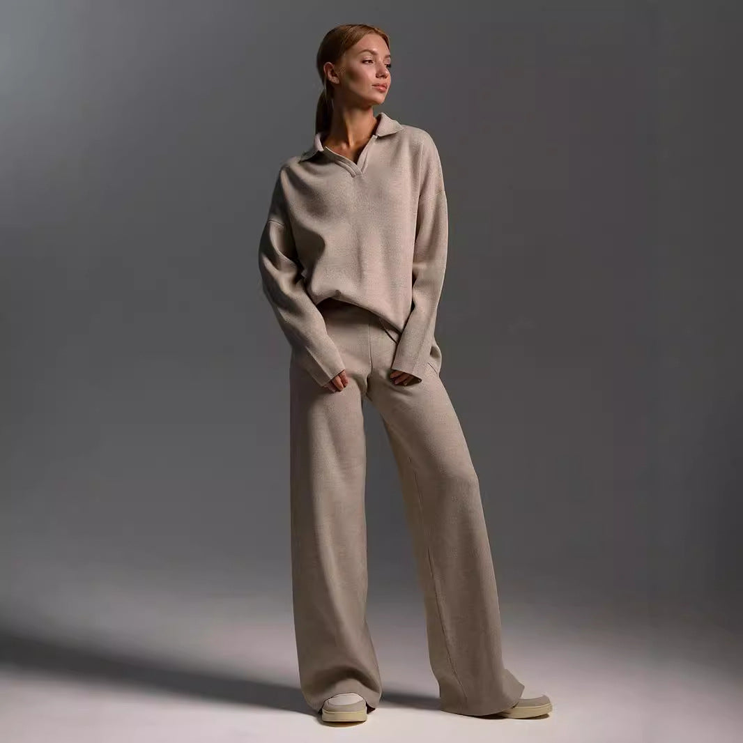 Women’s Collared Sweatshirt & Straight-Leg Pants Suit | Elegant 2-Piece Pullover Lounge Set | Casual Long-Sleeve Sport Trousers Set | Modern Minimalist Co-ord Set for Women | 2026 Trendy Streetwear Tracksuit