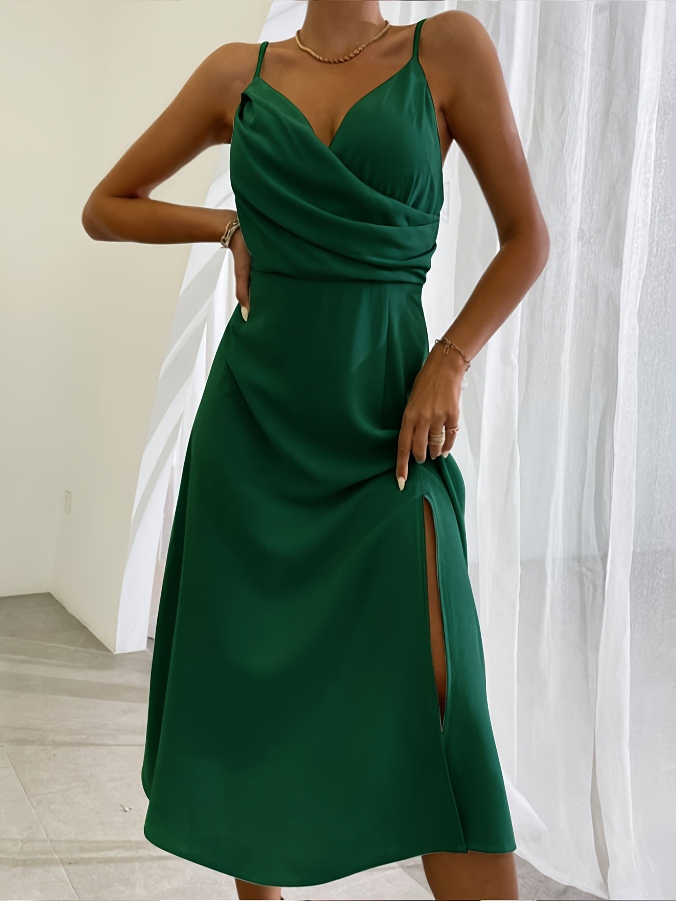 Women’s V-Neck Slit Sling Dress |Slim Suspender Summer Dress | Elegant Backless Side-Slit Maxi Dress | Trendy Minimalist Spaghetti Strap Sun Dress | 2026 High-Fashion Vacation & Party Wear