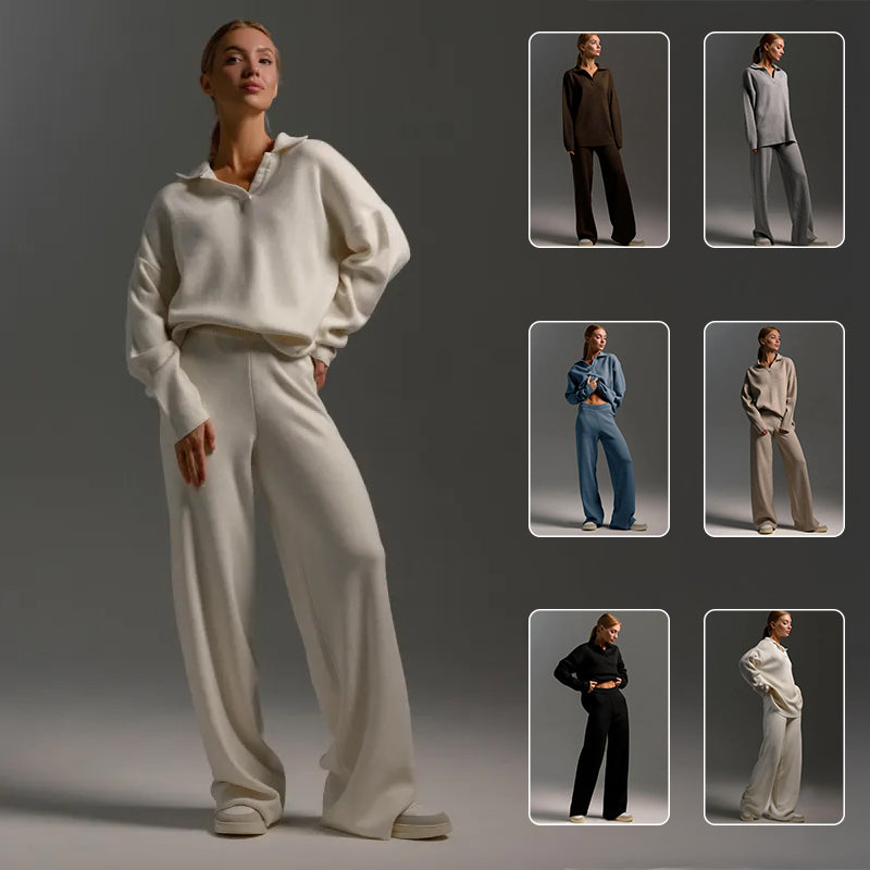 Women’s Collared Sweatshirt & Straight-Leg Pants Suit | Elegant 2-Piece Pullover Lounge Set | Casual Long-Sleeve Sport Trousers Set | Modern Minimalist Co-ord Set for Women | 2026 Trendy Streetwear Tracksuit