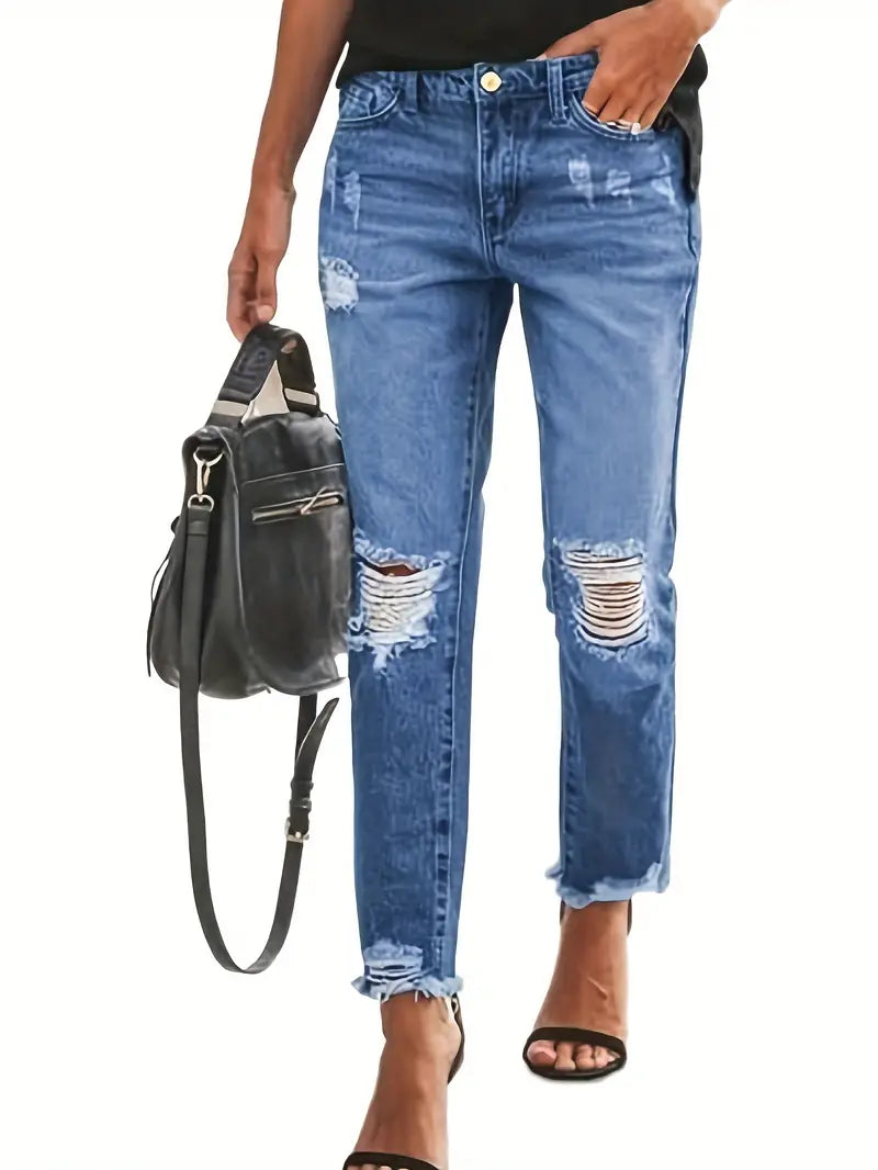 Women’s Stretchy Boyfriend Jeans | Ripped Distressed Relaxed Fit Denim | High-Sense Comfortable Five-Pocket Jeans | Trendy Faded Wash Boyfriend Denim | 2026 High-Fashion Urban Distressed Pants