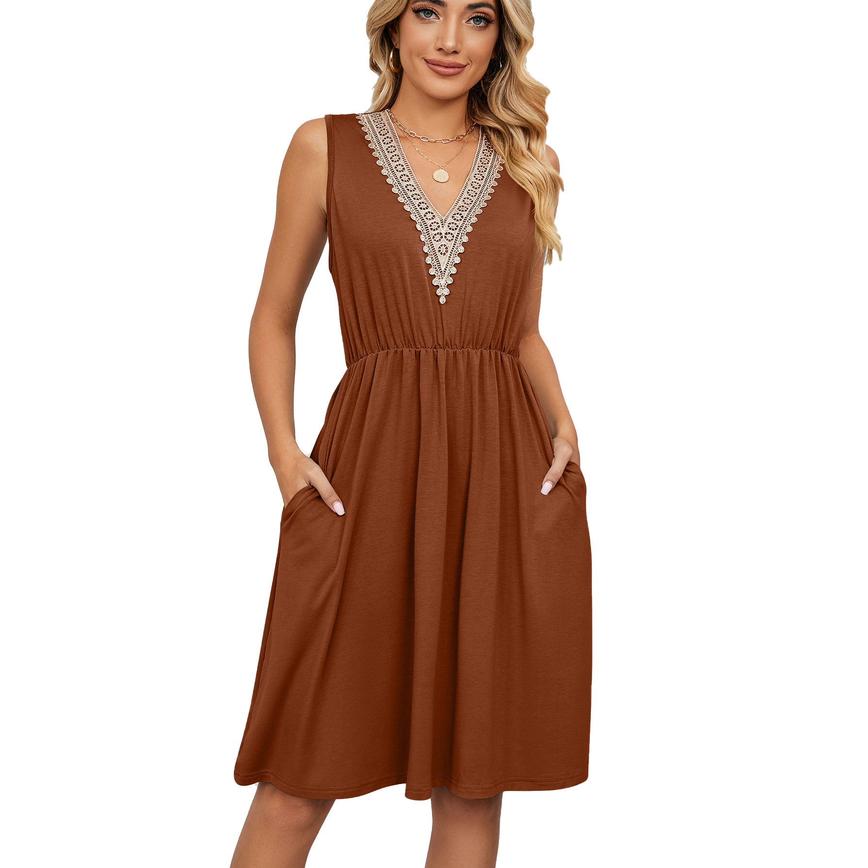 Women’s Lace Panel Sleeveless V-Neck Dress | Elegant A-Line Summer Dress with Pockets | Chic Lace Trim Party Dress | Functional & Stylish Sleeveless Sundress