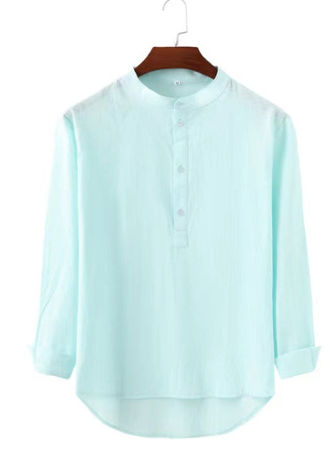 Men’s Casual Stand-Up Collar Long-Sleeved Shirt | High-Sense Solid Color Door-Barrel Blouse | Trendy Minimalist Mandarin Collar Top | Luxury-Label Statuesque Radiant Executive Wear | 2026 High-Fashion Emerald-Luxe Essential