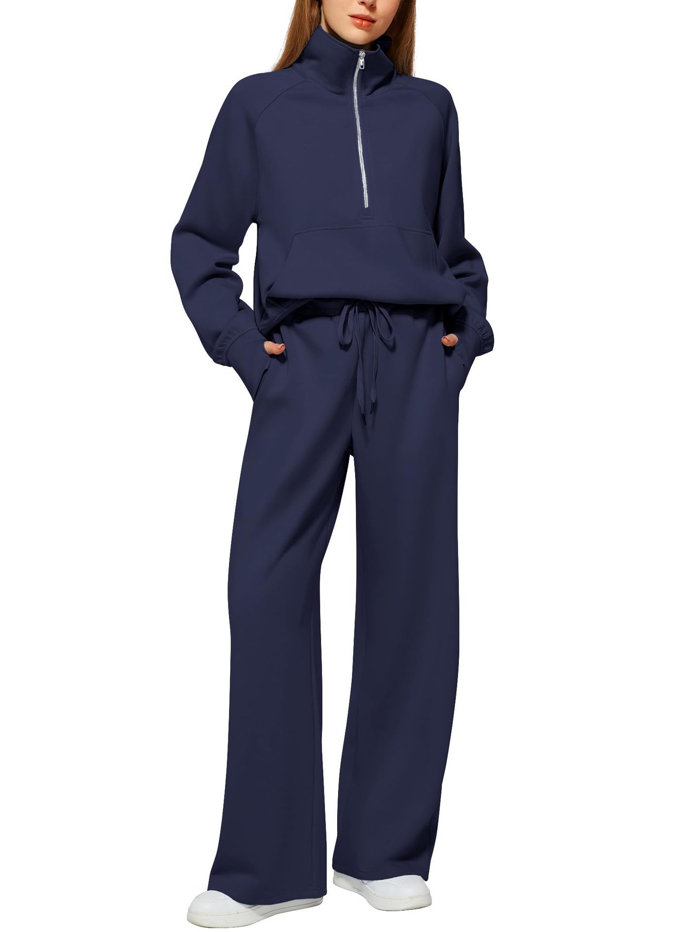 Women’s Half-Zip Sweatshirt & Wide-Leg Pants Set | Casual Solid Color Two-Piece Outfit | Elegant Long Sleeve Sporty Lounge Suit | Trendy High-Waist Wide-Leg Tracksuit | 2026 High-Fashion Athleisure Co-ord Set