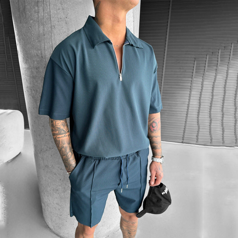 Men’s Summer Zipper Polo & Shorts Set | Casual 2-Piece Short Sleeve Outfit | Trendy Zipper Neck Polo with Drawstring Shorts | High-Sense Athleisure Men’s Set | 2026 High-Fashion Urban Summer Suit