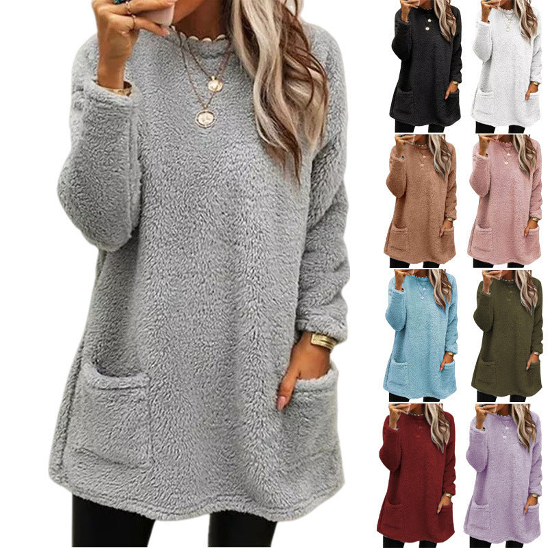 Women’s Plush Fleece Pullover Long Sweater | Winter Warm Thickened Hooded Sweatershirt | Casual Long Sleeve Plush Tops with Pockets | Trendy Loose Fit Hoodie Coat | 2026 Winter Streetwear Outerwear