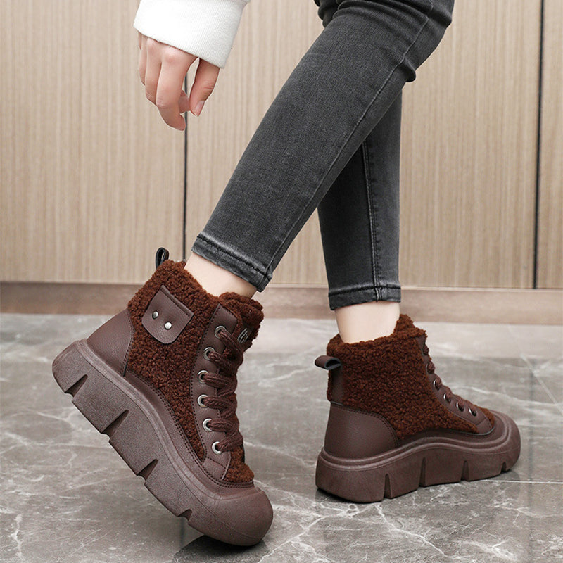 Women’s High-Top Cashmere Snow Boots | Winter Warm Lace-Up Flat Shoes | Height-Increasing Streetwear Winter Boots | Fashionable Campus Style Warm Sneakers