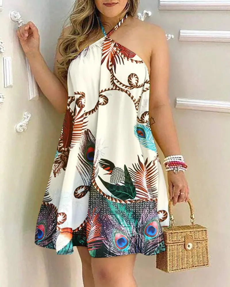 Women’s Off-Shoulder Hanging Neck Printed Dress | High-Sense Sleeveless Summer Midi | Trendy Minimalist Backless Dress | Luxury-Label Flowing Artistic Sundress | 2026 High-Fashion Statuesque Tropical Wear