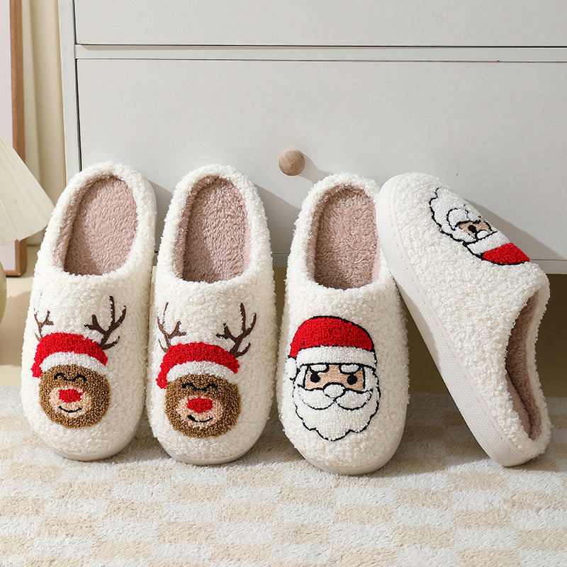 Christmas Santa Claus Home Slippers | Cute Cartoon Winter Warm Cotton Shoes | Unisex Furry Holiday Slippers for Couples | Non-Slip Plush Indoor Footwear