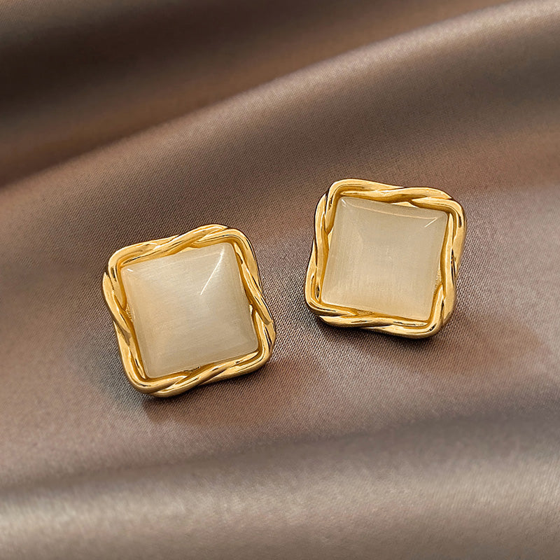 Luxury Cat’s Eye Flower Earrings | High-Sense Opal Geometric Studs | Square & Triangle Iridescent Jewelry | Elegant Floral Opal Earrings for Women
