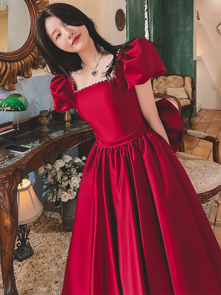 Winter Wine Red Engagement Dress | French Retro "Princess on the Run" Satin Dress | Elegant Long-Sleeve Romantic Evening Gown | Luxury Deep Red Formal Party Dress | 2026 High-Fashion French Aesthetic Gown