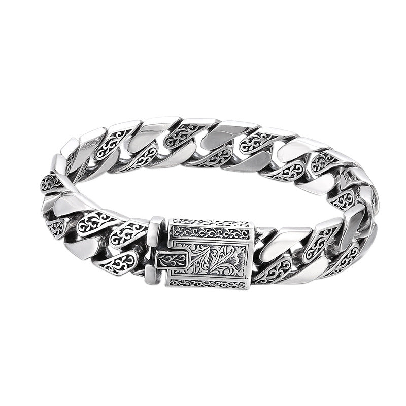Men's 925 Sterling Silver Cuban Link Bracelet | Vintage Tangcao Pattern Engraved Thick Bracelet | Premium Heavyweight Biker Style Jewelry for Men
