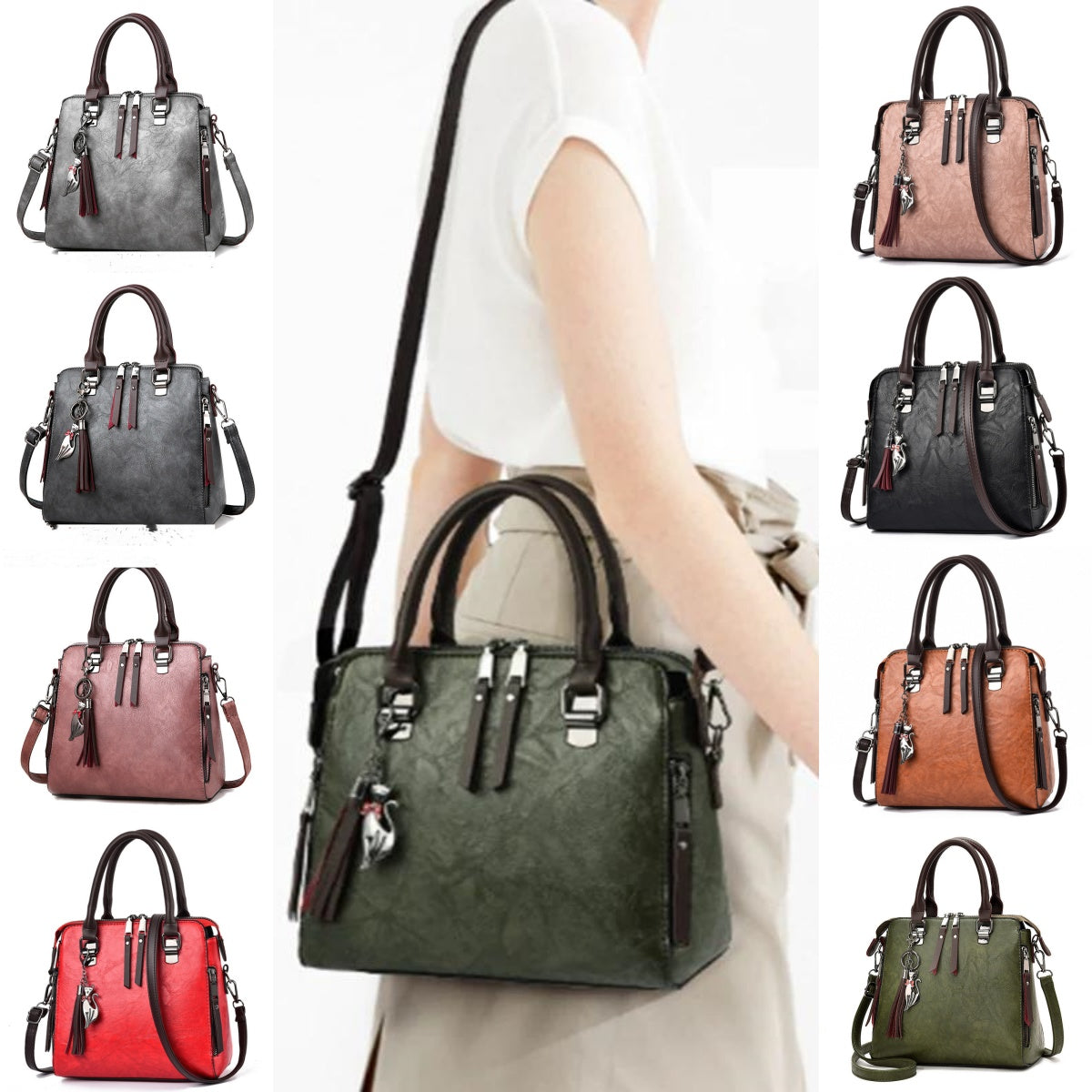 Vintage PU Leather Tassel Handbag for Women | Luxury Large Capacity Top-Handle Tote | Elegant Lady Shoulder Bag with Tassel Detail | Trendy Structured Casual Work Bag | 2026 High-Fashion Retro Leather Tote