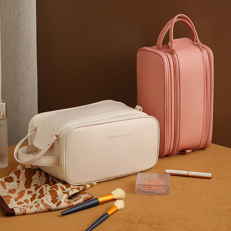 Three-Layer Double Zipper U-Shaped Cosmetic Bag | High-Capacity PU Leather Makeup Organizer | Portable Skincare Storage Bag for Women | Luxury Travel Toiletry Kit Pouch | 2026 High-Fashion Waterproof Vanity Box