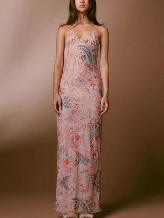 Floral Print Halter Spaghetti Straps Dress Slim Butterfly Back Dressess Spring Summer Womens Clothing