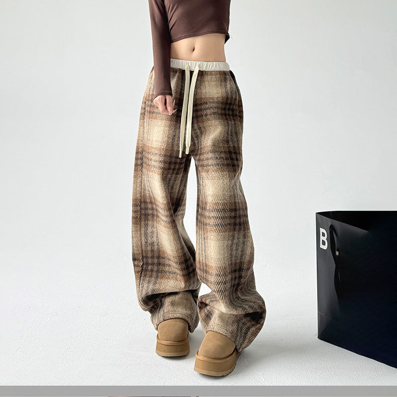 Women’s High-Waisted Plaid Wide-Leg Pants | Trendy Check Pattern Trousers with Drawstring | Casual Loose Fit Plaid Pants with Pockets | High-Sense Vintage British Style Trousers | 2026 Autumn/Winter Fashion Bottoms