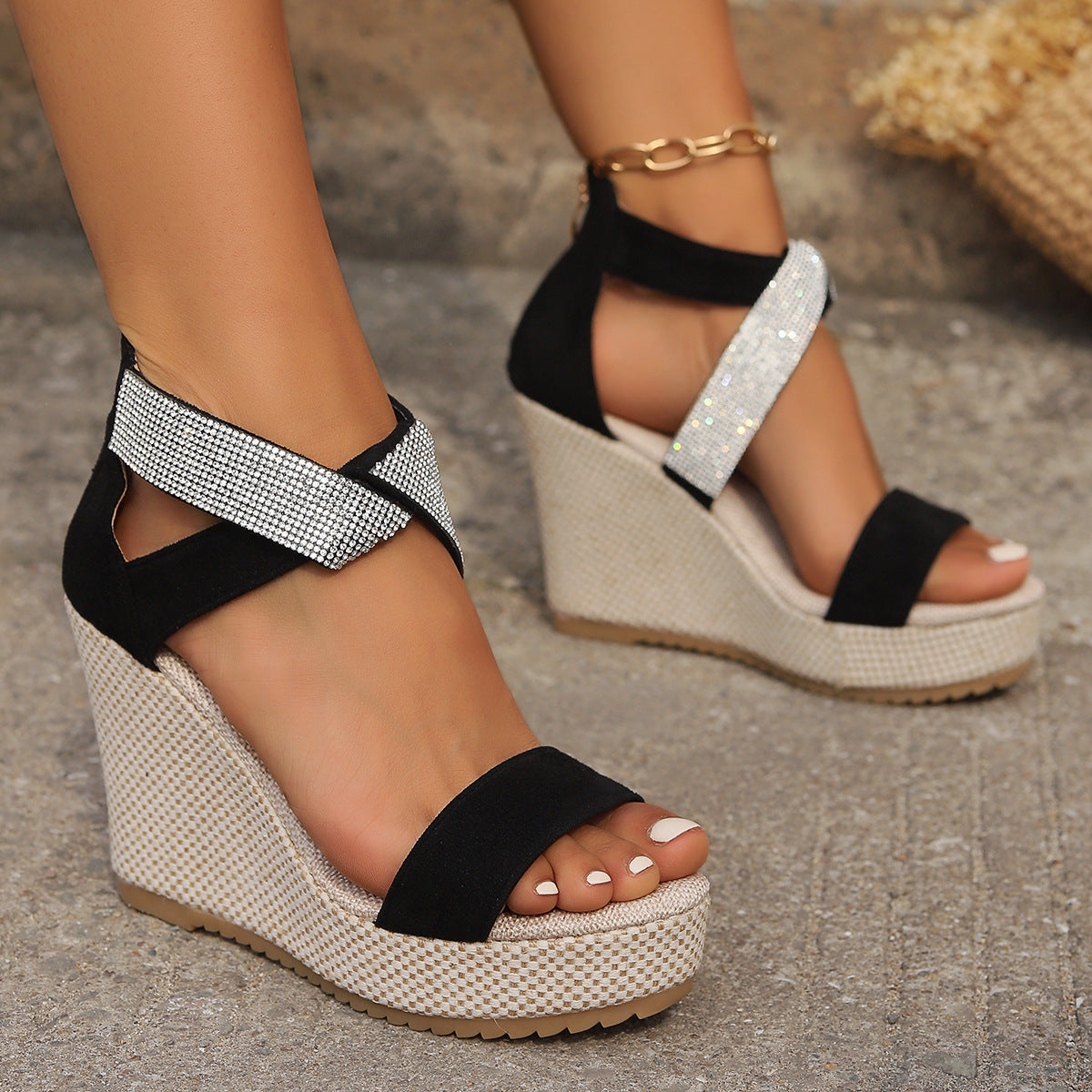Luxury Fish Mouth High Wedge Sandals | Rhinestone Embellished Summer Platform Shoes | Elegant Open-Toe Wedge Heels for Women | Glamorous Non-Slip Evening Party Sandals