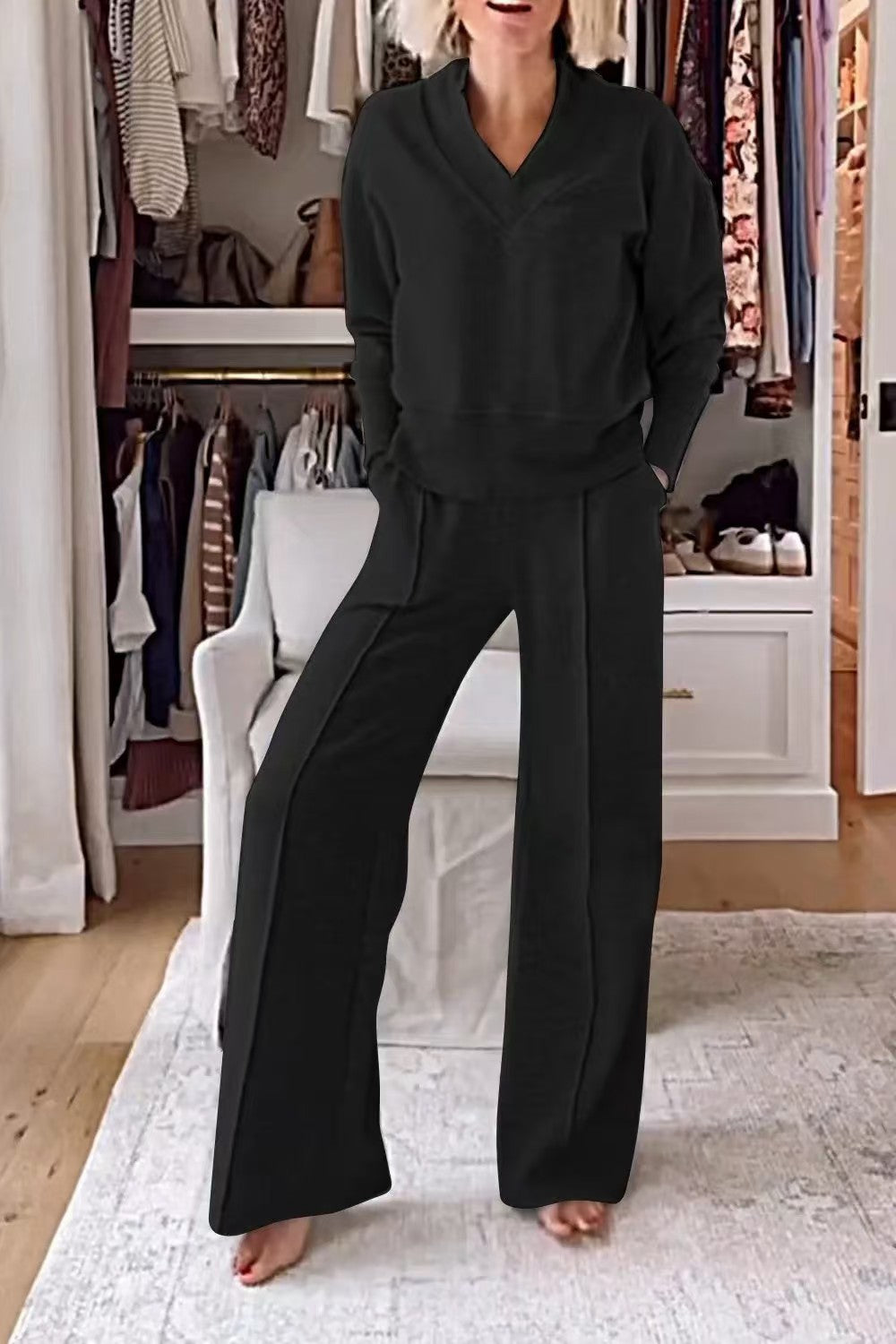 Women's Pullover Suit Casual Collared Long-Sleeved V-neck Top And Loose Straight-Leg Pants Fashion Sweatshirt Sport Trousers Set