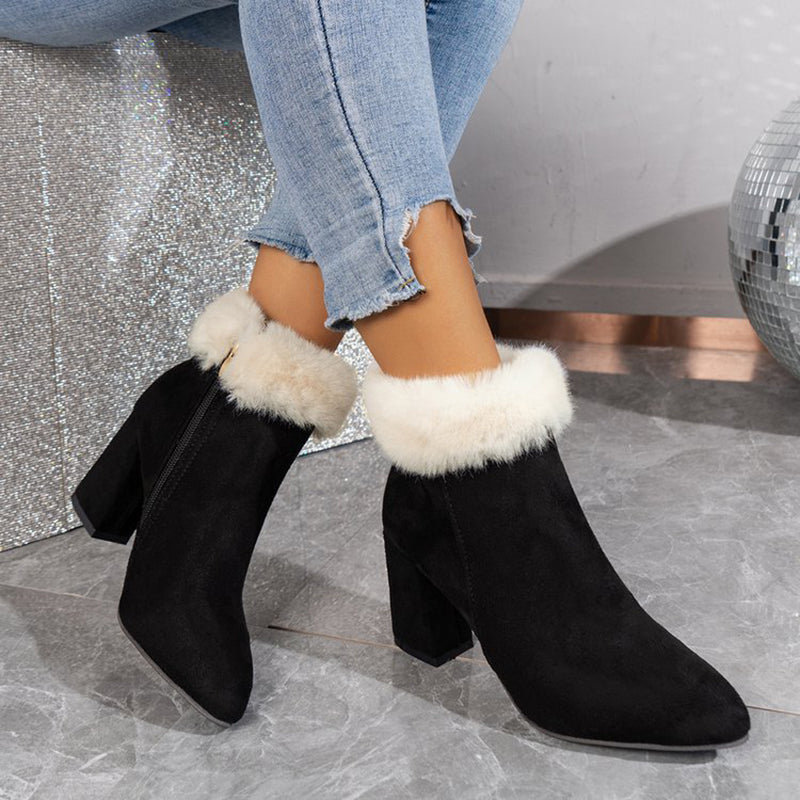 Women’s Plaid Print Plush Ankle Boots | High-Sense Square-Heel Suede Boots | Trendy Minimalist Autumn & Winter Footwear | Luxury-Label Statuesque Casual Boots | 2026 High-Fashion Radiant Winter Essential