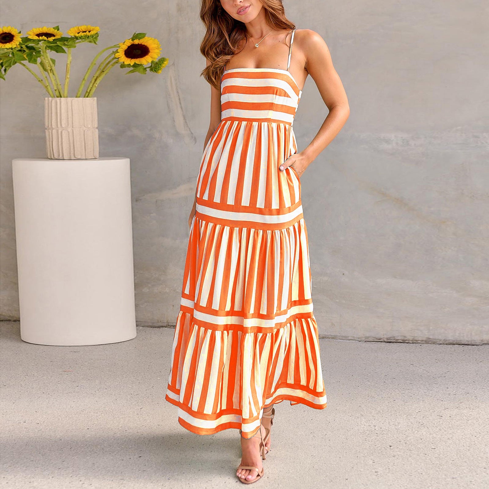 Summer Striped Suspender Maxi Dress | High-Sense Backless Beach Vacation Gown | Trendy Minimalist Square Neck Dress with Pockets | Luxury-Label Statuesque Radiant Apparel | 2026 High-Fashion Emerald-Luxe Essential