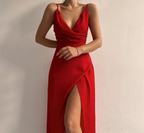 Women’s V-Neck Slit Sling Dress |Slim Suspender Summer Dress | Elegant Backless Side-Slit Maxi Dress | Trendy Minimalist Spaghetti Strap Sun Dress | 2026 High-Fashion Vacation & Party Wear