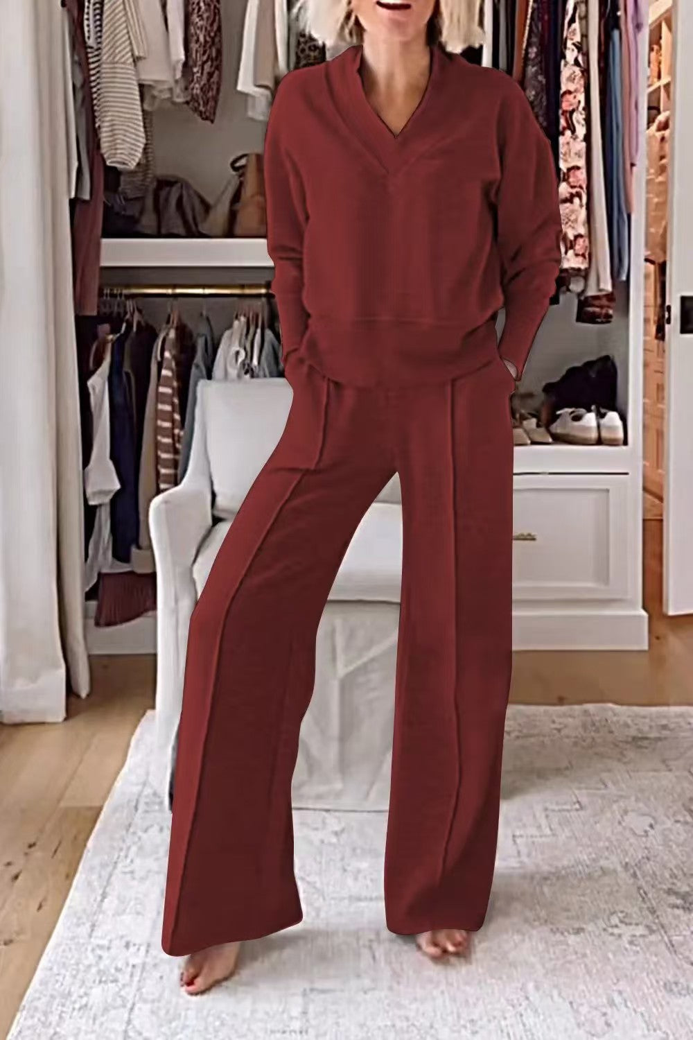 Women's Pullover Suit Casual Collared Long-Sleeved V-neck Top And Loose Straight-Leg Pants Fashion Sweatshirt Sport Trousers Set