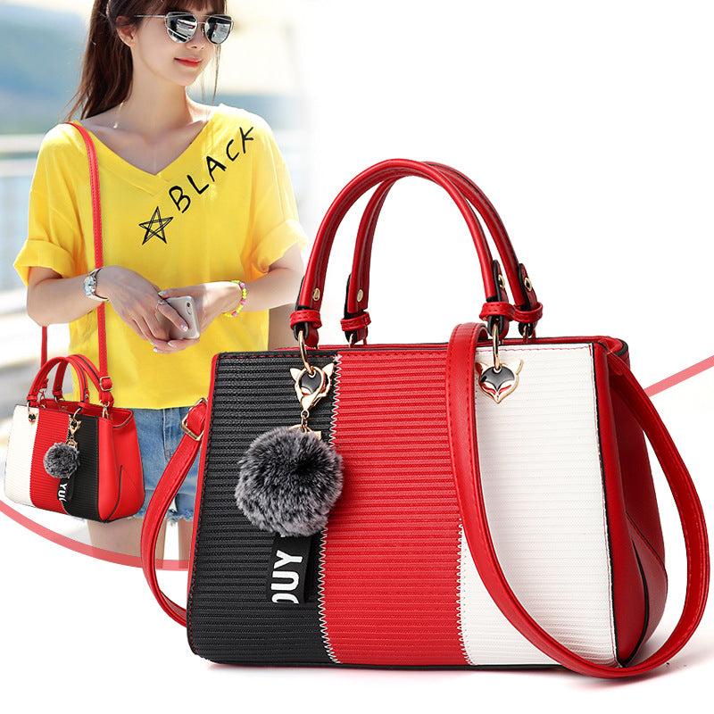 Women’s Patchwork Handbag with Hairball Ornament | Elegant Contrast Crossbody Bag | Luxury Ladies Messenger Shoulder Bag | Trendy Party Purse with Fluffy Charm | 2026 High-Fashion Multi-Texture Tote