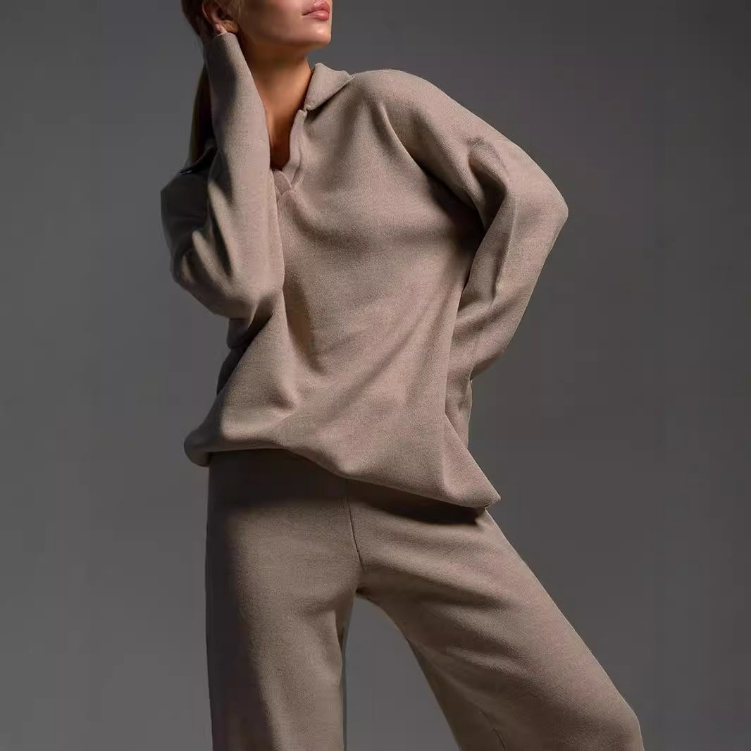 Women’s Collared Sweatshirt & Straight-Leg Pants Suit | Elegant 2-Piece Pullover Lounge Set | Casual Long-Sleeve Sport Trousers Set | Modern Minimalist Co-ord Set for Women | 2026 Trendy Streetwear Tracksuit