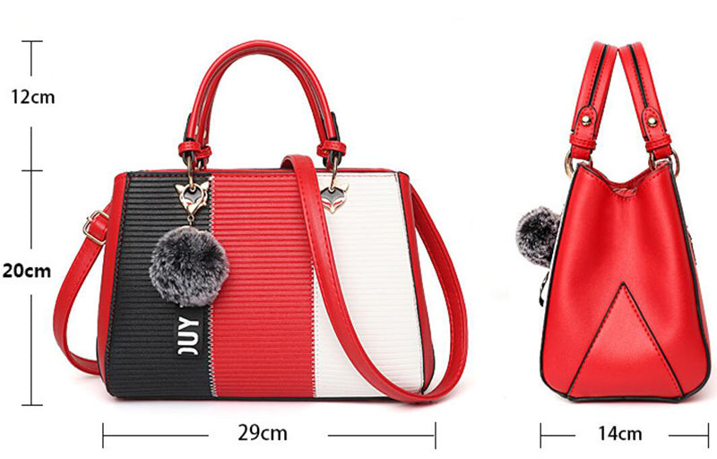 Women’s Patchwork Handbag with Hairball Ornament | Elegant Contrast Crossbody Bag | Luxury Ladies Messenger Shoulder Bag | Trendy Party Purse with Fluffy Charm | 2026 High-Fashion Multi-Texture Tote