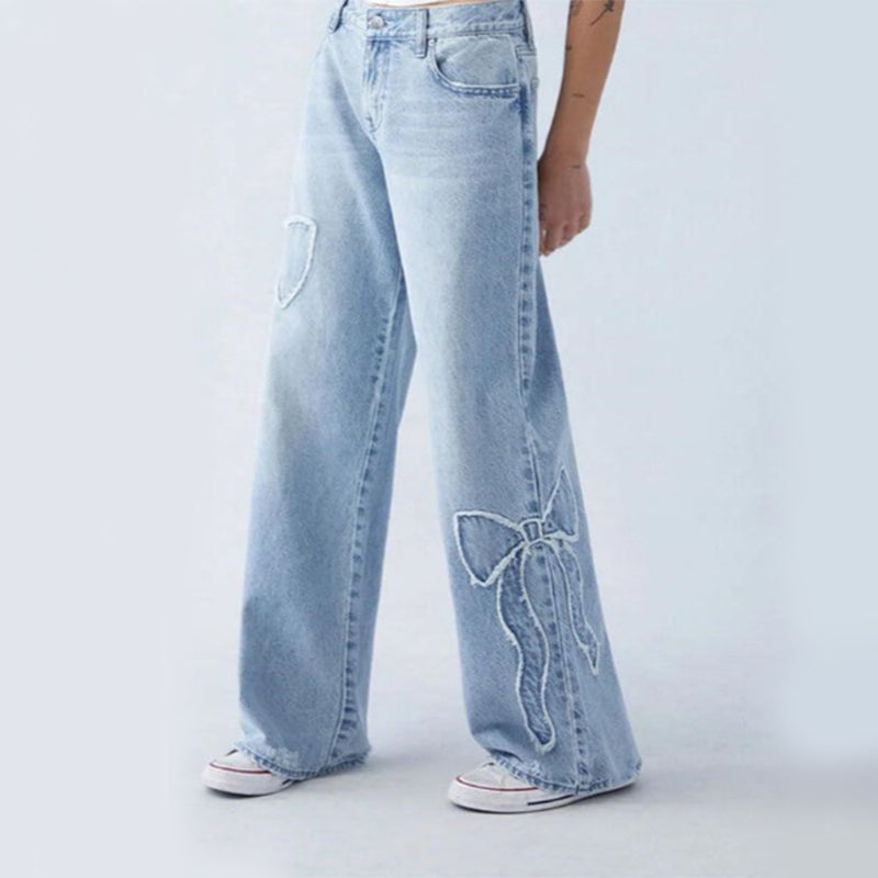 Women’s Butterfly Embroidered Baggy Jeans | Straight Leg Street-Style Trousers | Trendy Side Frayed Denim Pants | Y2K Aesthetic 